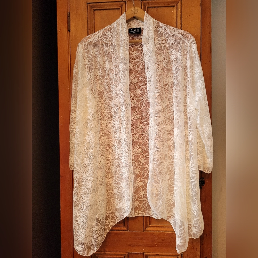 Vintage Lace Open Front Cardigan For Layering Or Beach Coverup Cream 2X